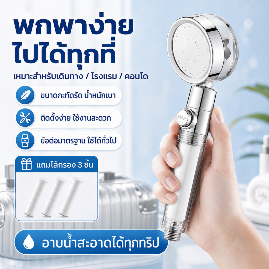 ฝักบัวกรองน้ำแรงดันสูง แบบเพิ่มแรงดัน พร้อมปุ่มหยุดน้ำ ผิวเนียน ผมเงางาม พกพาสะดวก ติดตั้งง่าย