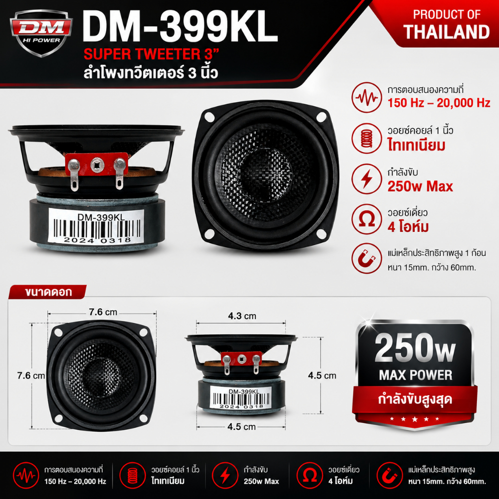 ดอกลำโพงฟูลเรนจ์ 3นิ้ว ยี่ห้อ DM HI POWER รุ่น DM-399KL 250W max หน้าเคฟล่า ลำโพงฟูลเรนจ์(Full Range