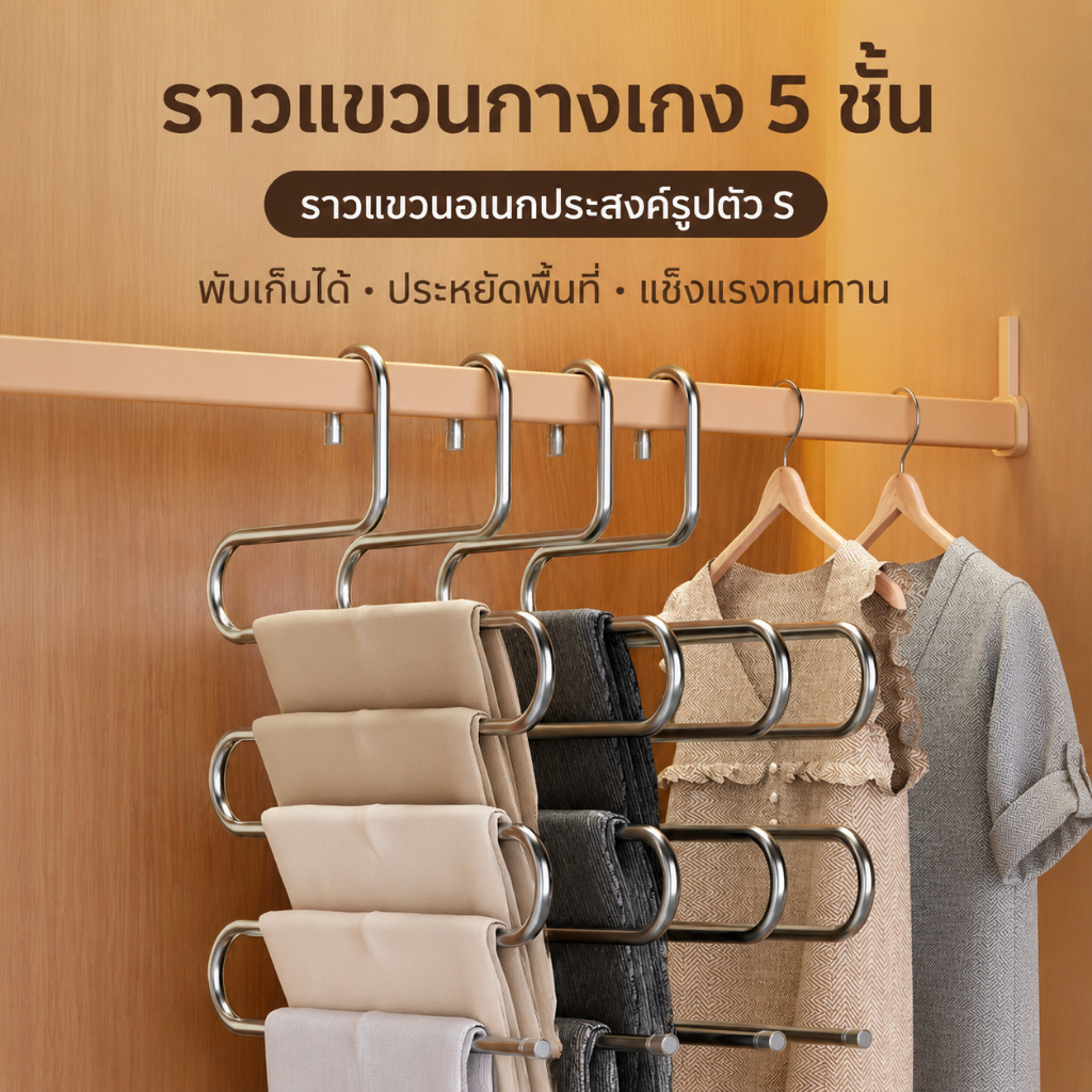 ไม้แขวนกางเกงสแตนเลส 5 ชั้นสำหรับจัดเก็บเสื้อผ้ากางเกงยีนส์ ไม้แขวนเสื้อ แขวนกางเกง