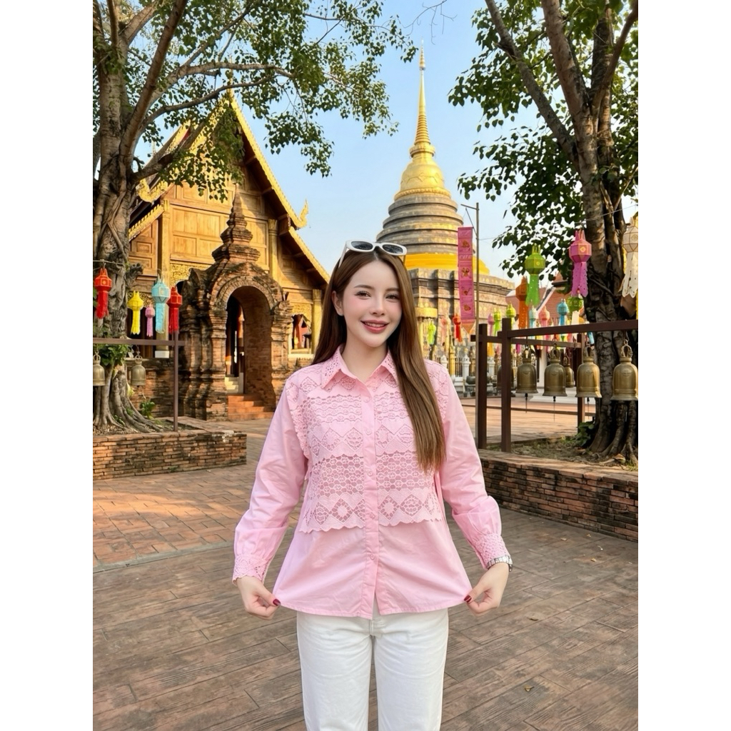 เสือเชิ๊ต แต่งลูกไม้ด้านหน้า ผูกโบว์ด้านข้าง มี 3 สี