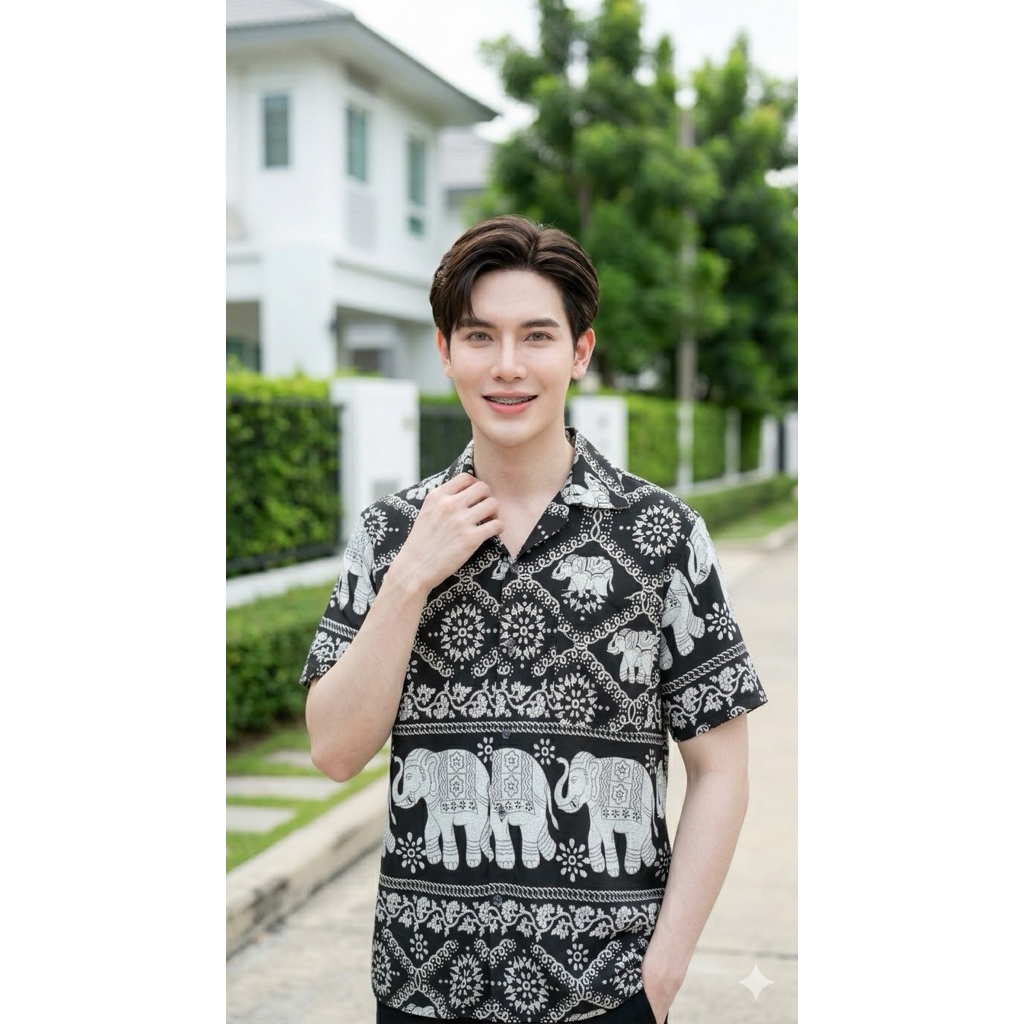 INTERเสื้อเชิ้ตฮาวาย ลายช้างโซ่ ลายขายดี ผ้าไหมอิตาลีเกรดพรีเมียม