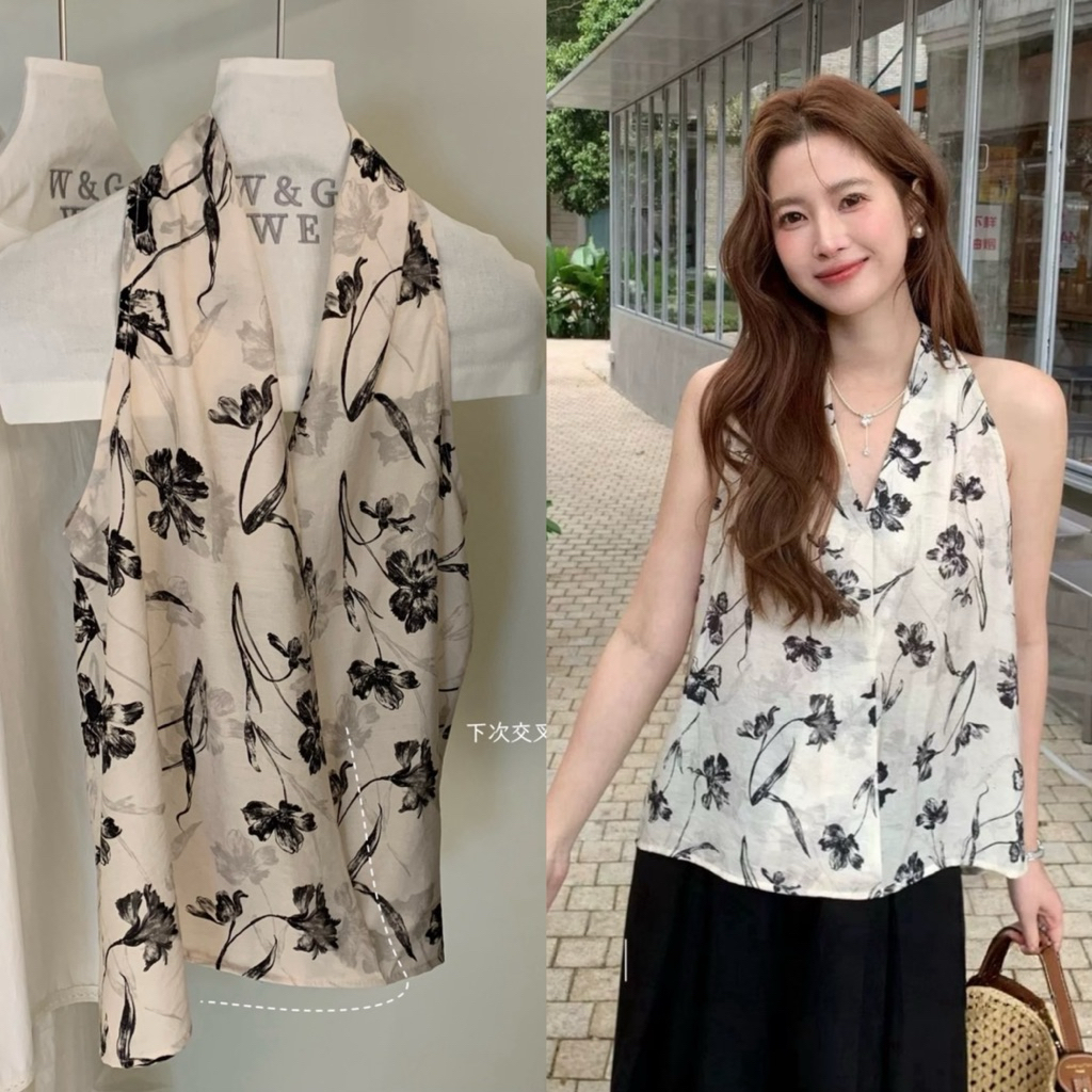9622# เสื้อแขนกุด ลายดอก ดีไซไขว้ด้านหน้า เนื้อผ้าดี งานสวย  TAG:WG.WE 🇰🇷