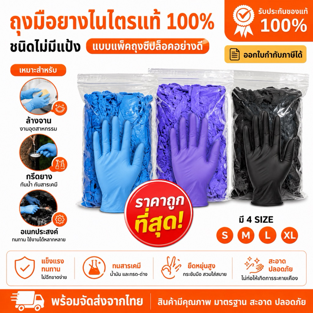 ถุงมือไนไตรแท้ ถุงมืออเนกประสงค์  (แบบแพ็คถุงอย่างดี) ยืด เหนียว ทนทาน ไม่ขาดง่าย พร้อมส่ง