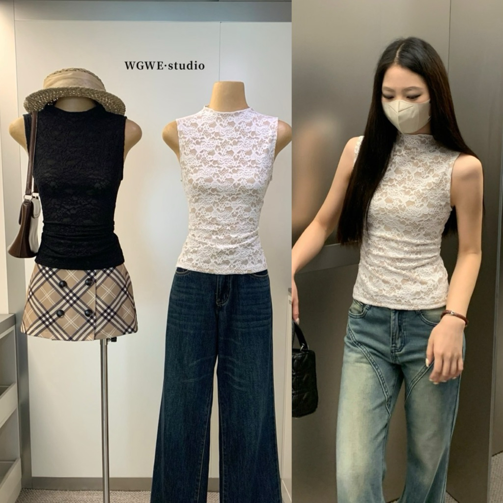 📍พร้อมส่ง📍9304# เสื้อแขนกุด เนื้อผ้าลูกไม้ยืดหยุ่นได้เยอะ งานสวย  TAG:WG.WE 🇰🇷
