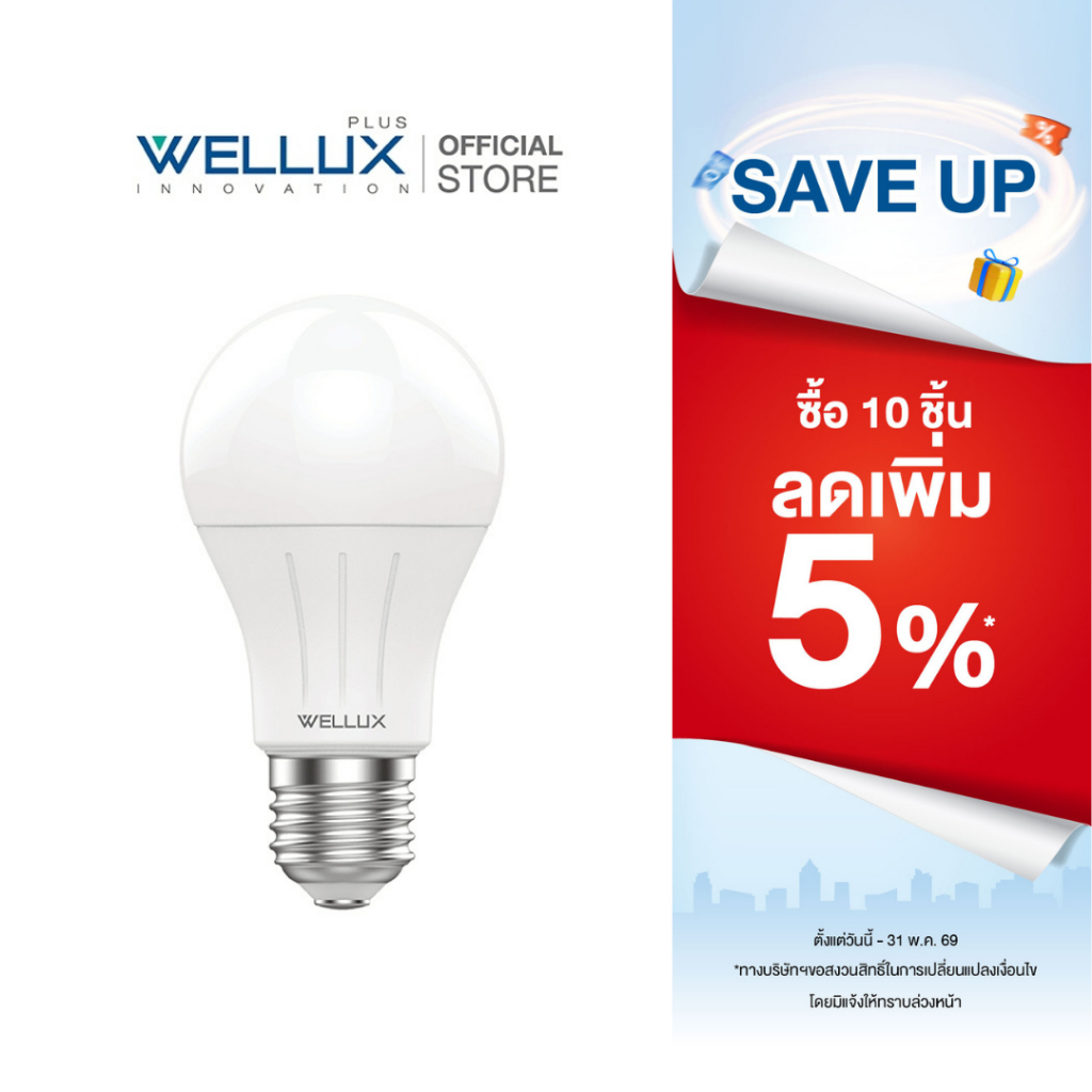 WELLUX หลอดไฟ 4000K แสงคลูไวท์ 7W 9W ปลอดภัยไม่ส่งคลื่นแม่เหล็กรบกวน LED BULB GQ SERIES ขั้วE27