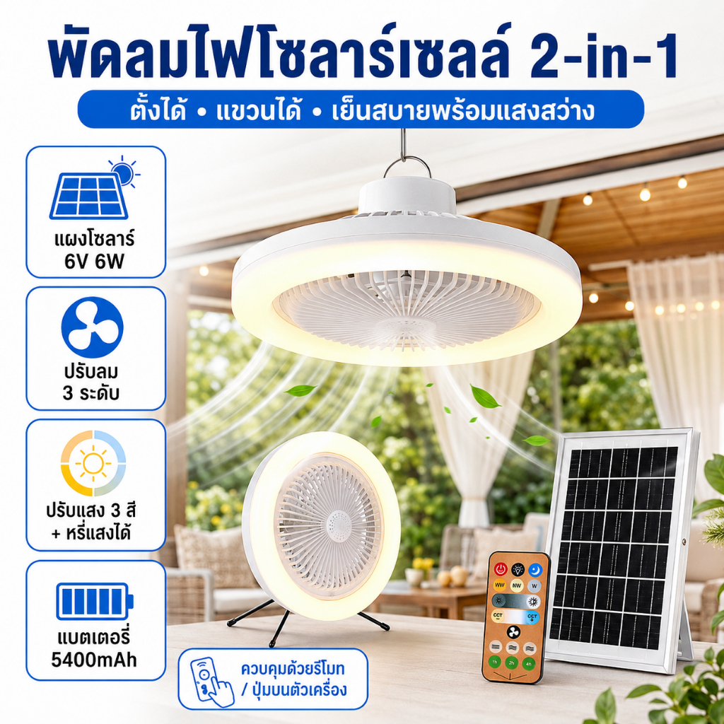 พัดลมโซล่าเซลล์ 2in1 6 นิ้ว พร้อมไฟ LED รีโมท แบต 5400mAh ปรับลม 3 ระดับ ชาร์จ Type-C สำหรับแคมป์ปิ้ง ไฟดับ