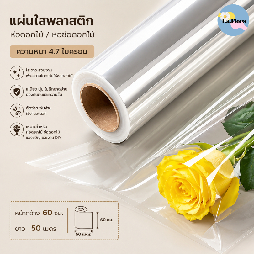 (ยกม้วน) แผ่นใสพลาสติกห่อดอกไม้ ความหนา 4.7 ไมครอนหน้ากว้าง 60ซม.ยาว50เมตร  แผ่นพลาสติก แผ่นห่อช่อดอกไม้ กระดาษห่อช่อ