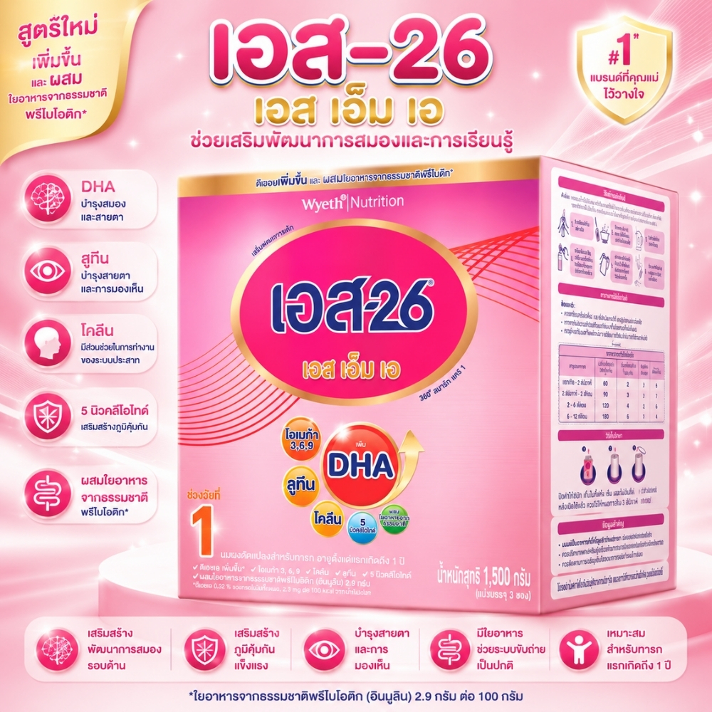 นมผง S-26 SMA (500g) นมผง เอส-26 เอสเอ็มเอ สูตร 1 (1500 กรัม)