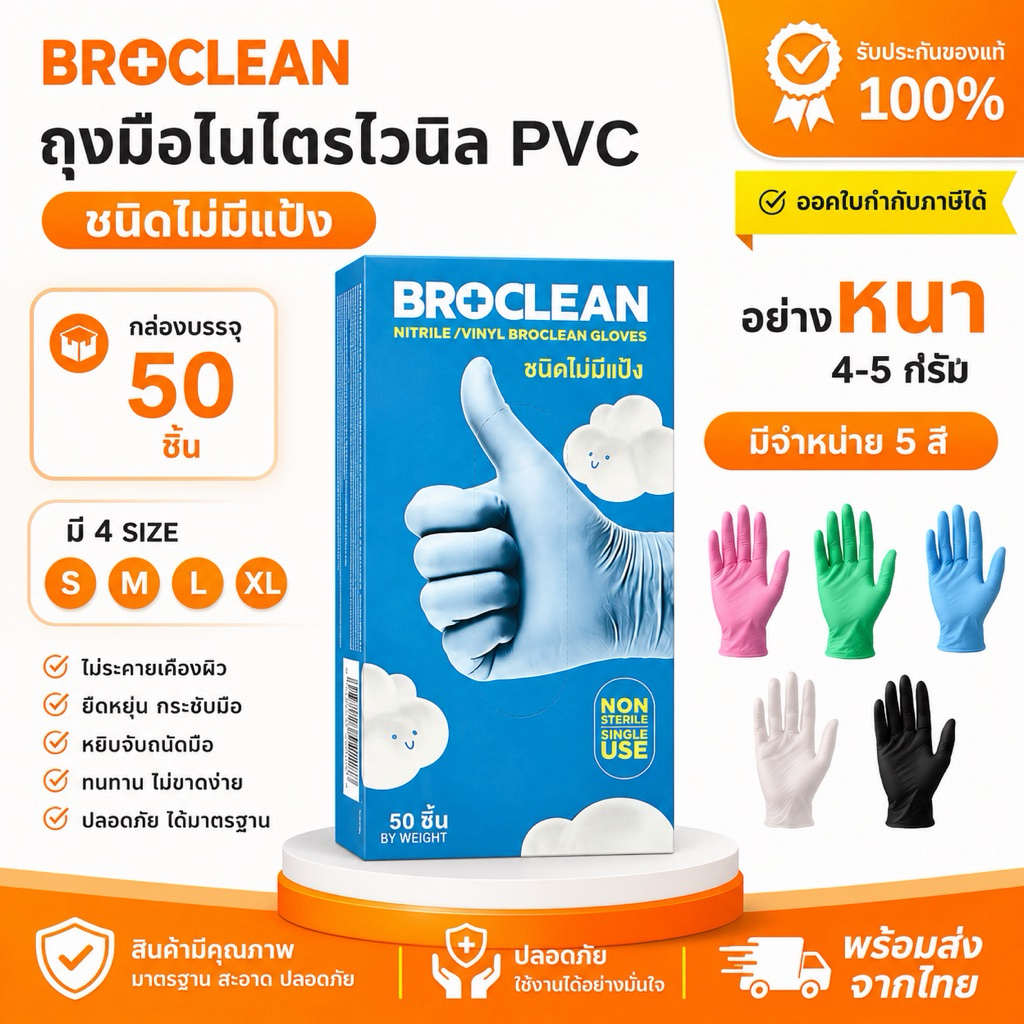 ถุงมือไนไตรไวนิล PVC ยี่ห้อ Broclean /กล่อง 100ชิ้น ถุงมืออเนกประสงค์ ถุงมืออย่างหนา ส่งไวพร้อมส่ง⚡️