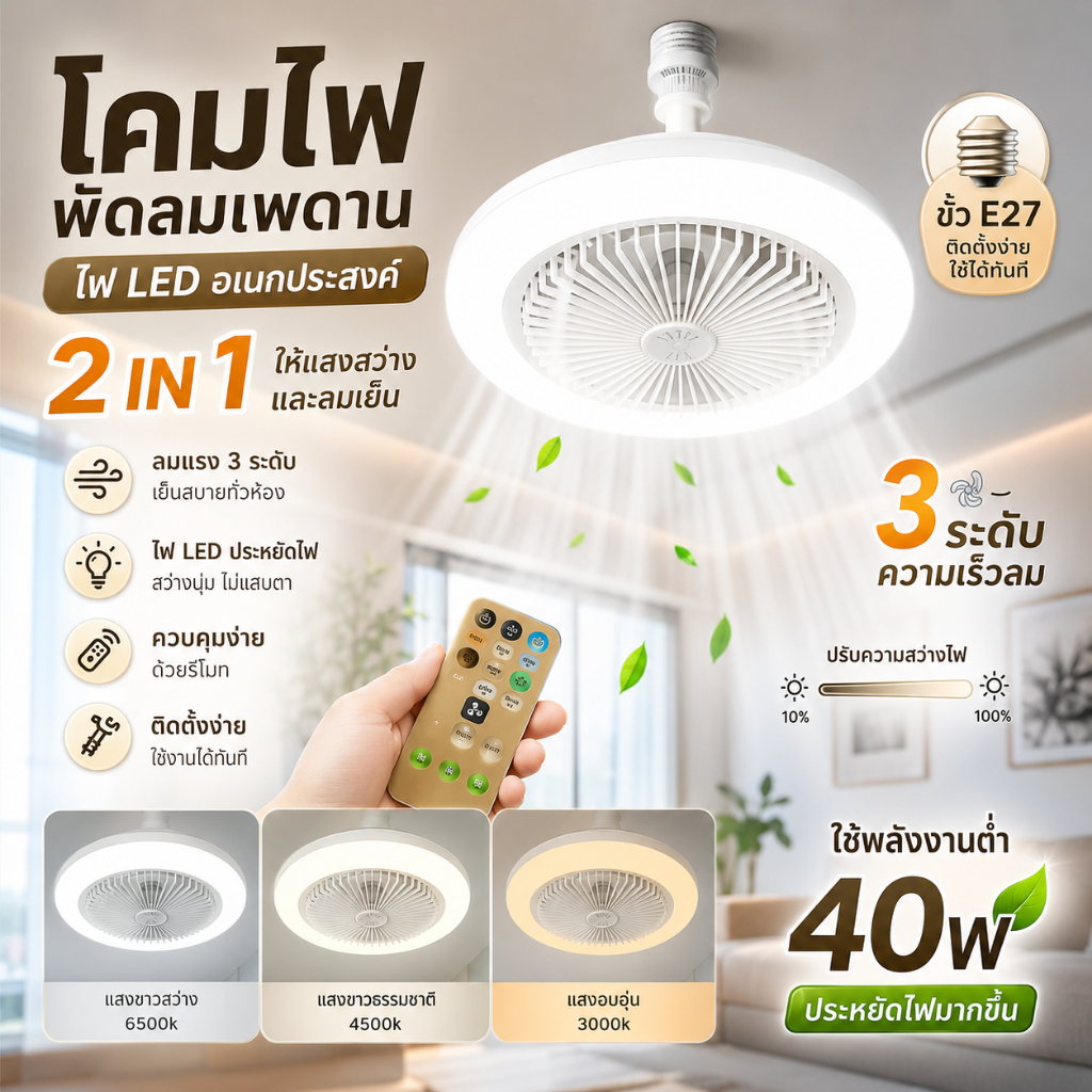 E27 โคมไฟพัดลมเพดาน โคมไฟเพดาน พัดลมเพดาน นํา ไฟพัดลมอโรมาเทอราพี พัดลมติดเพดานพร้อมหลอด Led 3อิน1 ปิดเสียง ไฟพัดลมเพดาน