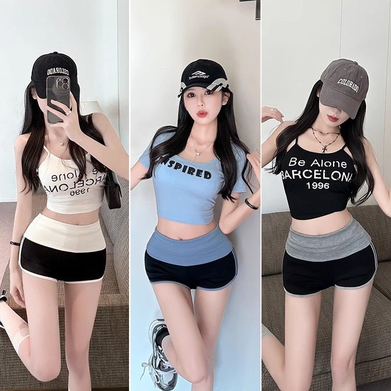 พร้อมส่ง✨กางเกงกีฬาขาสั้น โยคะ ทรงเข้ารูป เอวสูง สไตล์เซ็กซี่ เวลาว่าง สวมใส่สบาย ดีไซน์สีผสม #F001