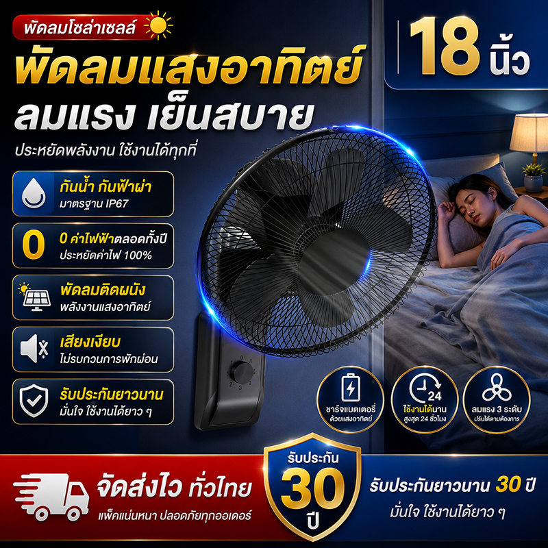 【รับประกัน30ปี】พัดลมโซล่าเซลล์ 12-18นิ้ว พัดลมติดผนัง ส่ายหัวได้ ลมแรง ปิดเสียง แบตเตอรี่ในตัว ความเร็วลมเกียร์ 3 ไม่ต้อ