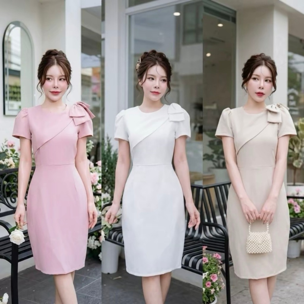 D977 เดรสแต่งโบว์ไหล่ กระโปรงทรงสอบ มีไซส์ S-3XL ความยาว 37-38 นิ้ว