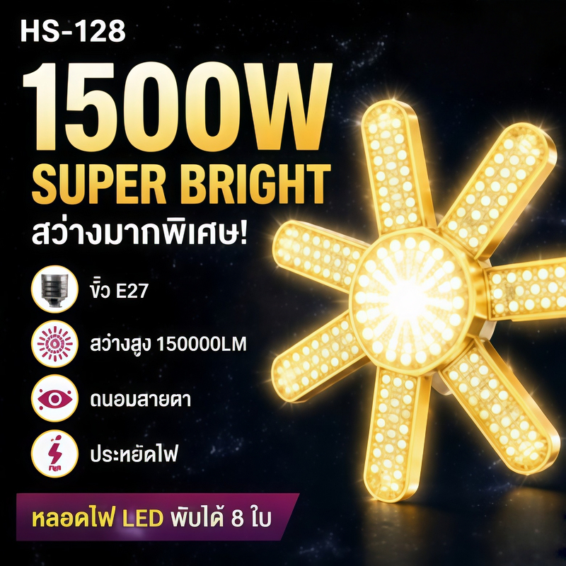 หลอดใบพัด 5แฉก ขั้ว E27 พับเก็บได้ 1500W หลอดไฟเพชร  ประหยัดไฟมากกว่า90%  LED BULB