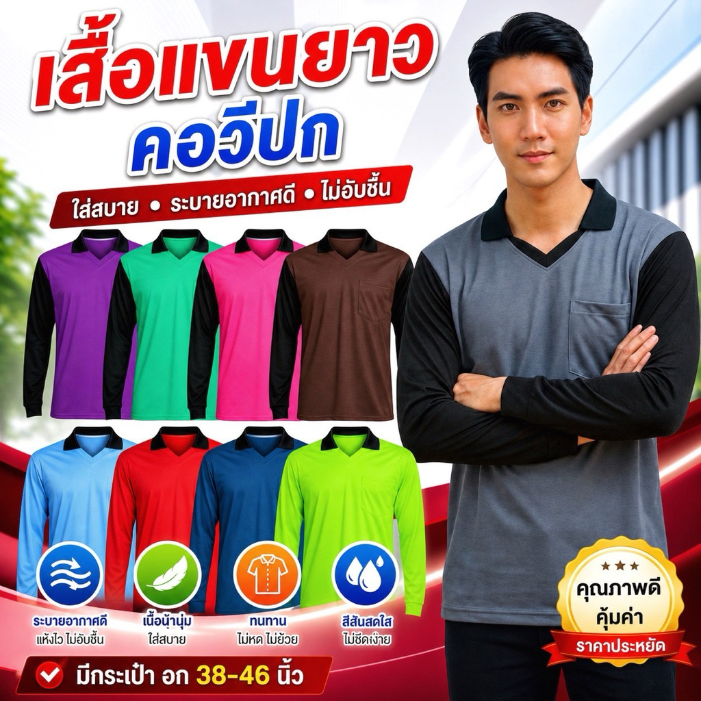 เสื้อแขนยาว คอปก อก38-46 นิ้ว เสื้อคนงาน เสื้อยืดแขนยาว เสื้อปุ๋ย เสื้อทีม
