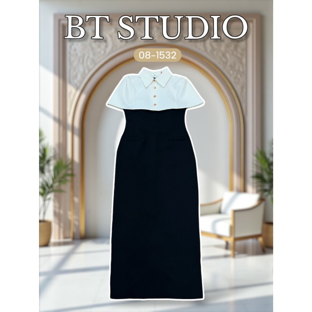 BT 08-1532  เซท 2 ชิ้น เดรสยาวแขนกุด คอกลม แต่งกระเป๋าหลอก อกเสริมฟองน้ำ  มาพร้อมผ้าคลุมไหล่คอปก