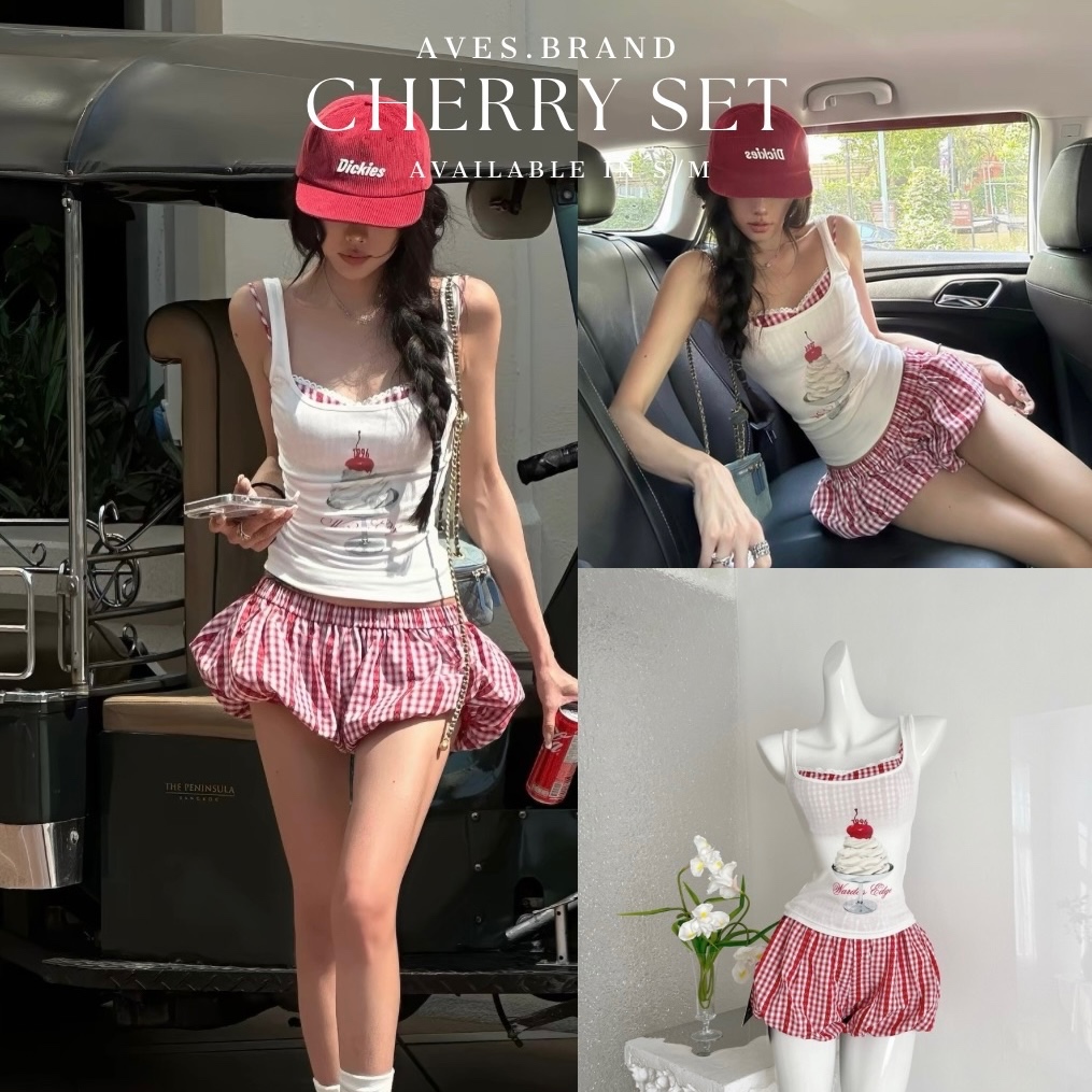 AVES.BRAND CHERRY SET ชุดเซ็ต 3 ชิ้น สายเดี่ยว กางเกงบอลลูนลายสก็อตแดง