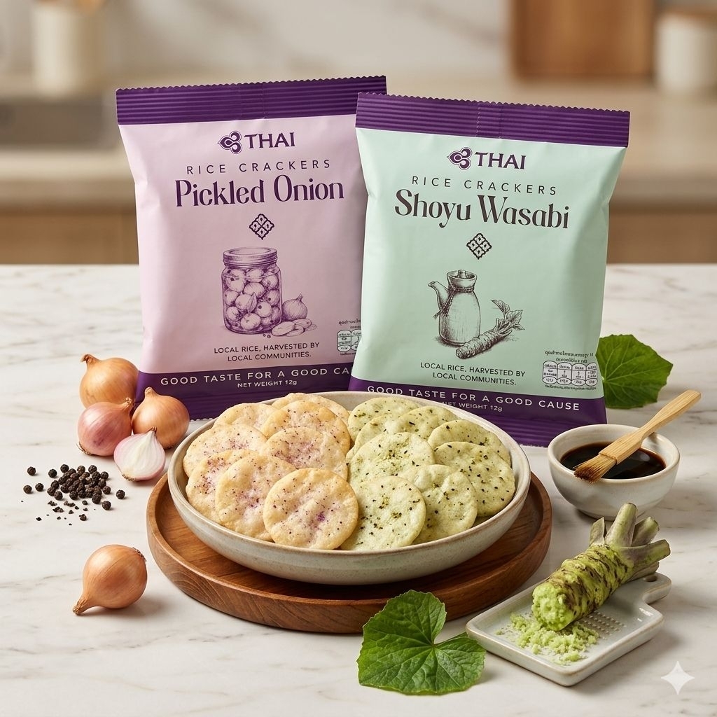 THAI Rice Crackers Pickled ข้าวอบกรอบการบินไทย น้ำมันสลัดสเปน กาโนล่าธัญพืช ข้าวอบกรอบ ขนมขบเคี้ยวพร้อมทาน