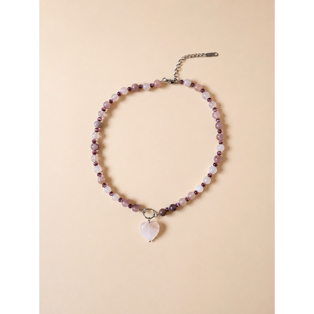 💗 Mauve Blush Drift Pendant สร้อยคอหินแท้ Rose Quartz purple glass