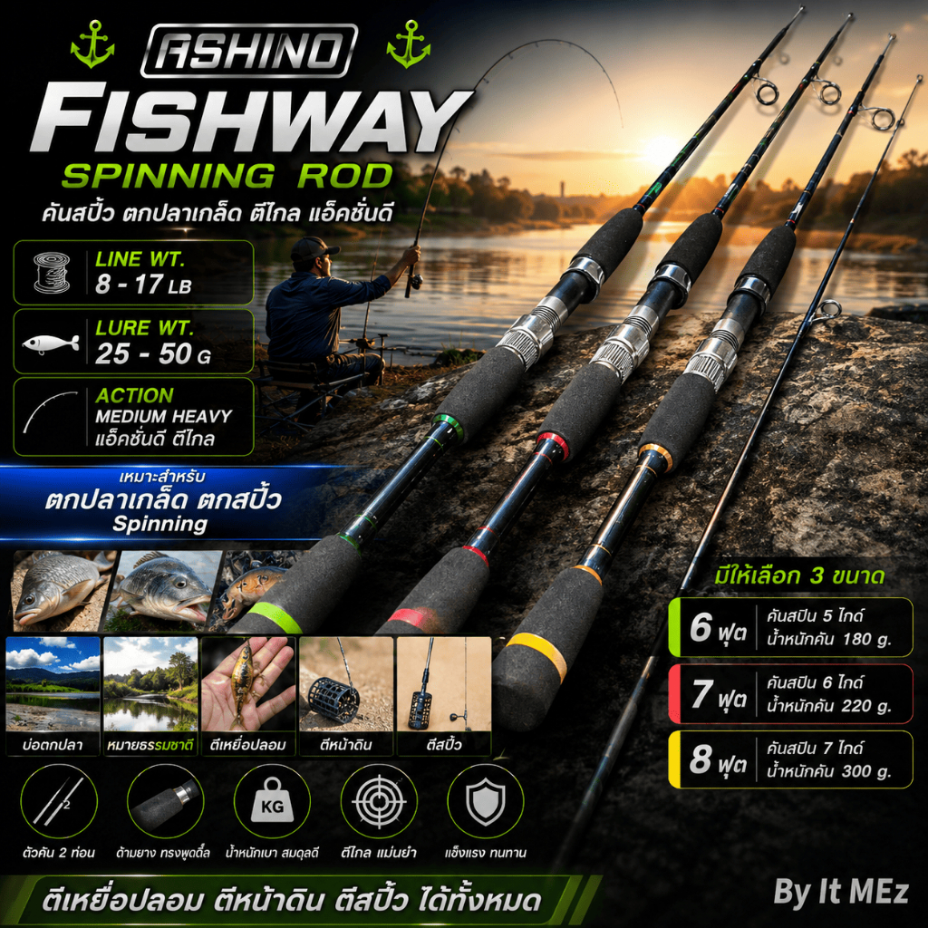 [ ของแท้ ]  คันเบ็ดตกปลา คันสปิ๋ว Ashino Fishway Line wt. 8-17 lb เหมาะสำหรับ ตกปลาเกล็ด ตกสปิ๋ว Spinning