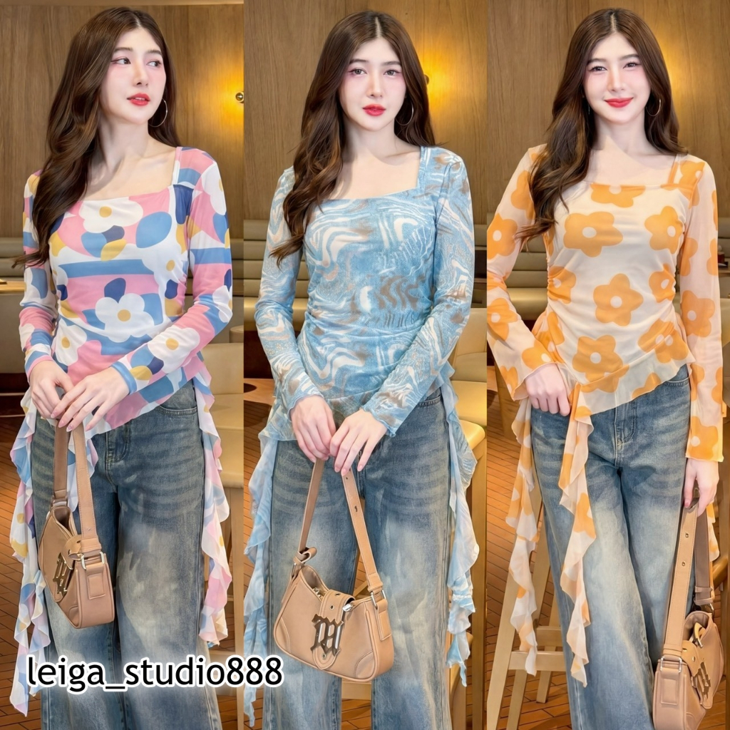 เสื้อแฟชั่น สไตล์เวียดนาม ผ้าซีทรู ดีเทลแมงกะพรุน แขนยาว แต่งระบาย ใส่เที่ยว ใส่แมท