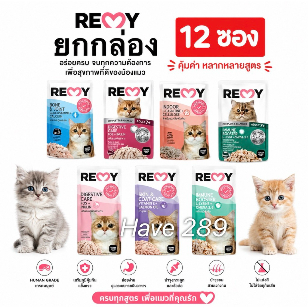 (ยกกล่อง 12 ซอง) Remy เรมี่ 7สูตร อาหารเปียกแมวแบบซอง 70g สูตรดูแลสุขภาพ ไม่เติมเกลือ วัตถุดิบพรีเมี่ยม