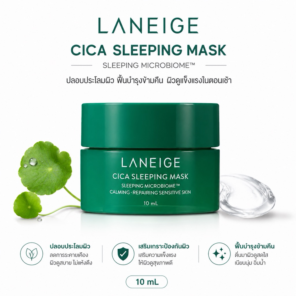 Laneige Cica Sleeping Mask (10ml) สลีปปิ้งมาส์ก ผิวแห้ง ผิวแพ้ง่าย ลดสิว
