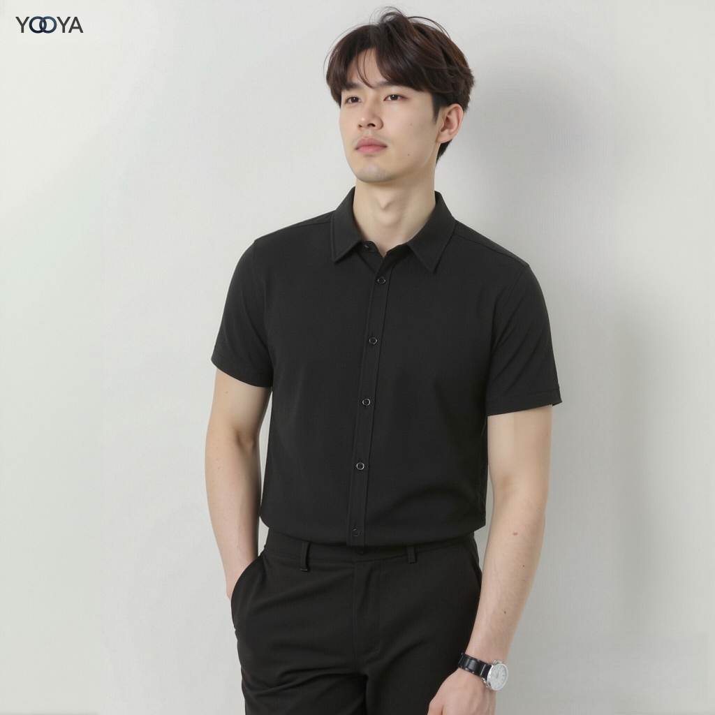 YOOYA เสื้อเชิ้ตแขนสั้นแฟชั่นสไตล์เกาหลี Unisex แฟชั่นยอดฮิต ทรงสวย ไม่ยับ สไตล์มินิมอล ใส่สบาย