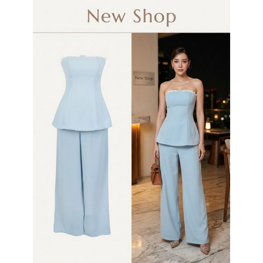 ชุดเซ็ทสองชิ้น สีฟ้า เกาะอก ผ้าคอตตอน ความยาวเสื้อ20 ความยาวกางเกง39นิ้ว
