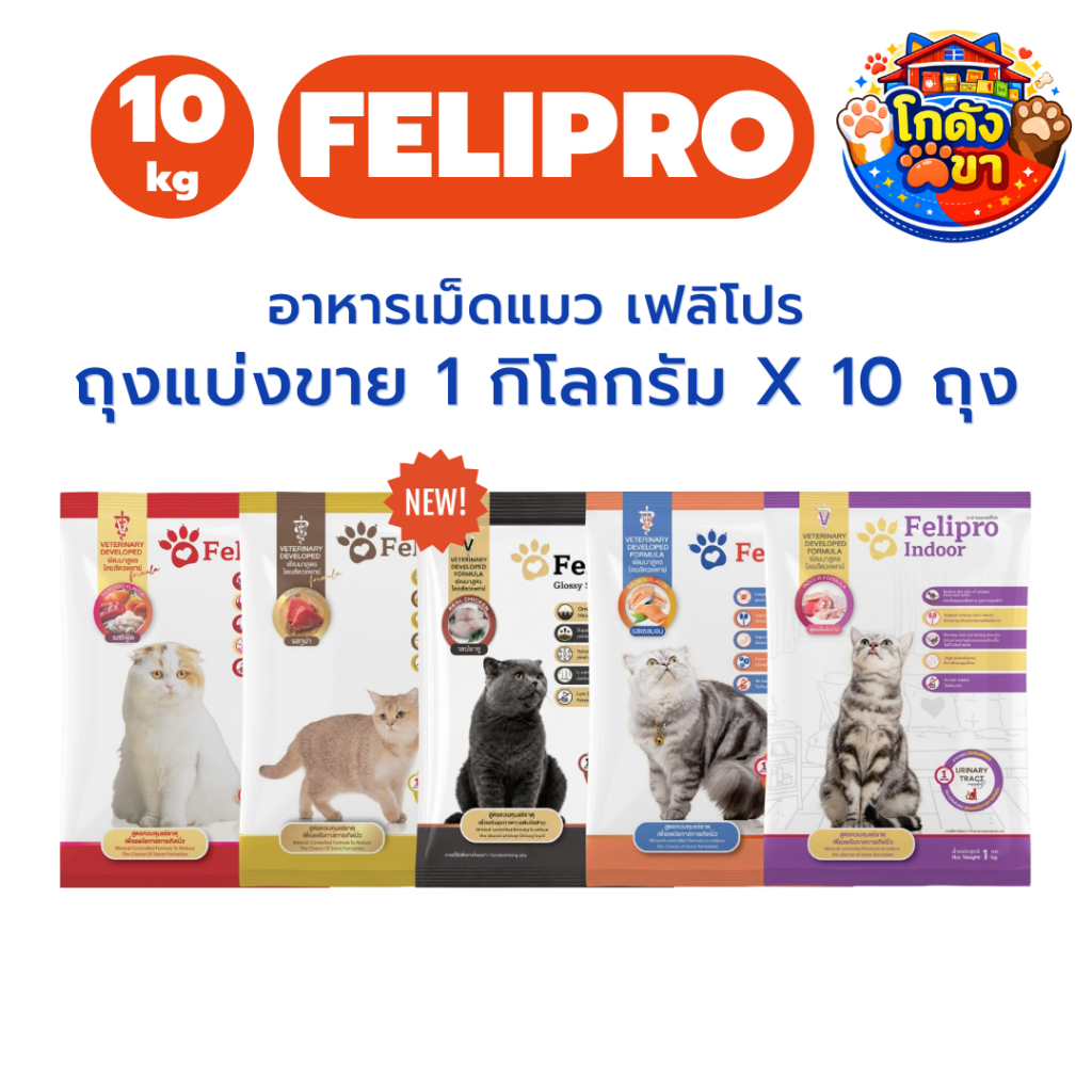 (1 kg x 10 ถุง) Felipro อาหารแมวเฟลิโปร 5 รสชาติ ลดโอกาสการเกิดนิ่ว ถุงแบ่งขนาด 1 kg