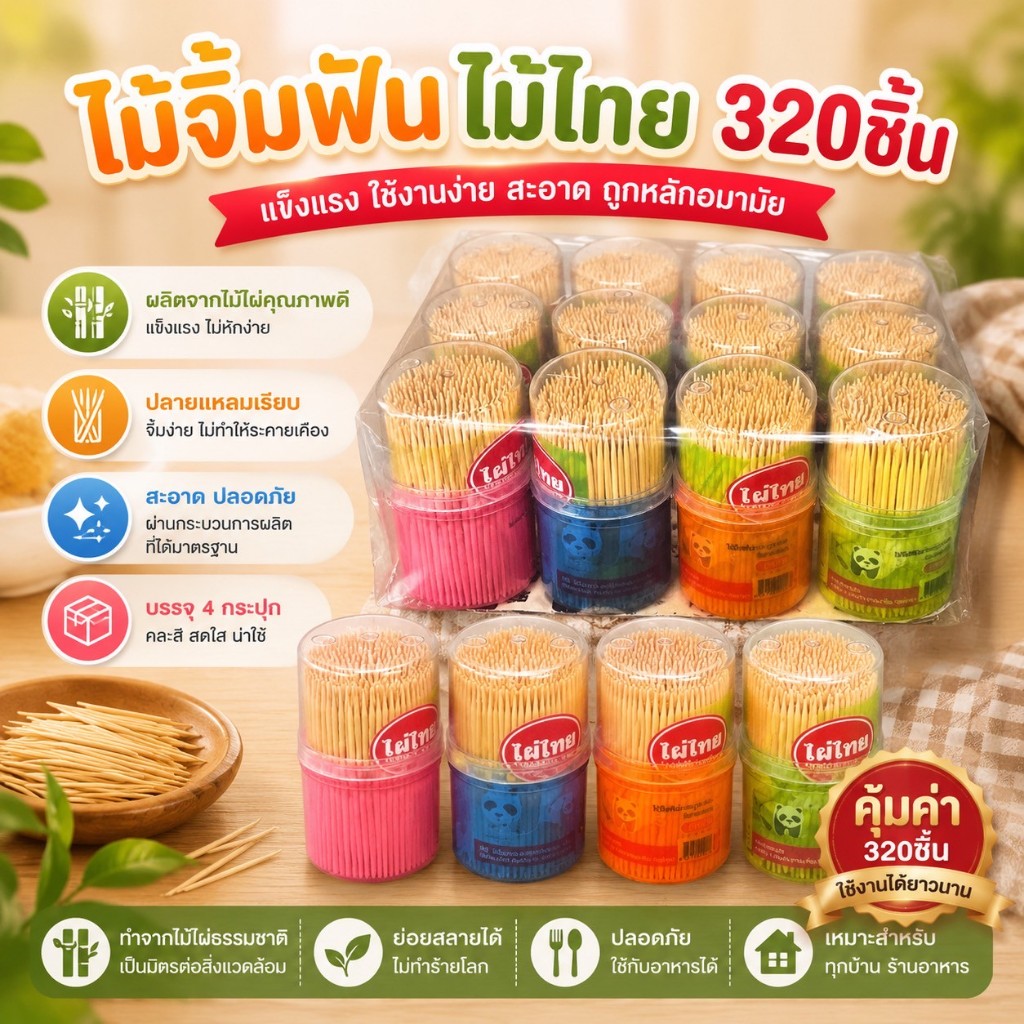 🪵✨ ไม้จิ้มฟันไผ่ไทย แบบกระปุก | กระปุกละ 320 ชิ้น | สะอาด ปลอดภัย พกพาง่าย ราคาต่อกระปุก1ชิ้น