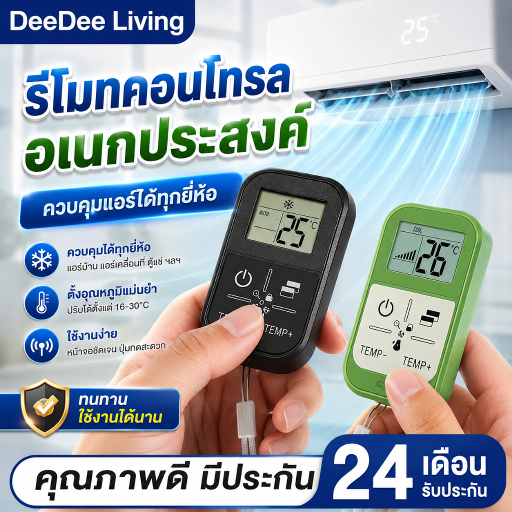 DeeDee รีโมทแอร์อเนกประสงค์ดีไซน์มินิมอลสวยงาม ขนาดเล็กพกใส่กระเป๋าได้ จอ LCD มองชัด ไม่ต้องตั้งโค้ด ใช้ได้กับ ทุกรุ่น