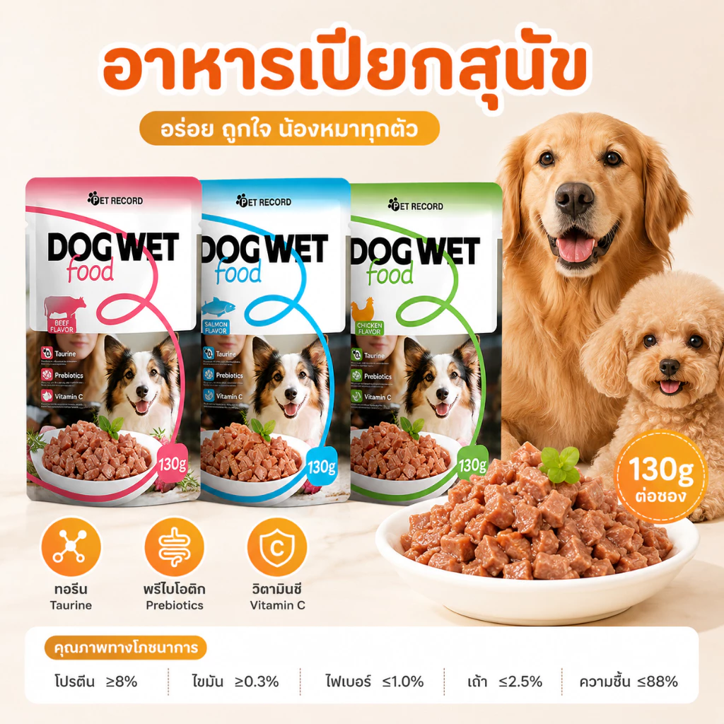 PET Record อาหารเปียกสุนัข 130g อาหารหมาแบบซอง โปรตีนสูง สำหรับลูกสุนัขและสุนัขโต