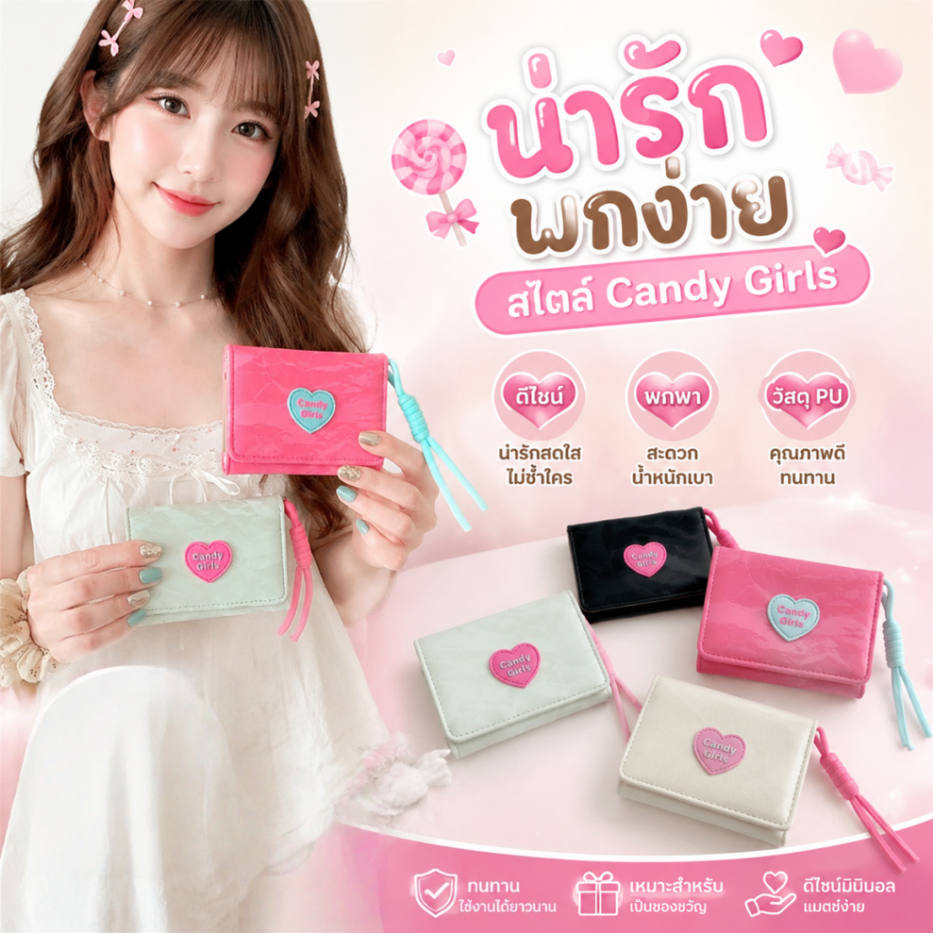 กระเป๋าสตางค์ห่วงหวาน กระเป๋าสตางค์พับสามตอนน่ารัก กระเป๋าสตางค์สั้นสำหรับสาวใจดี