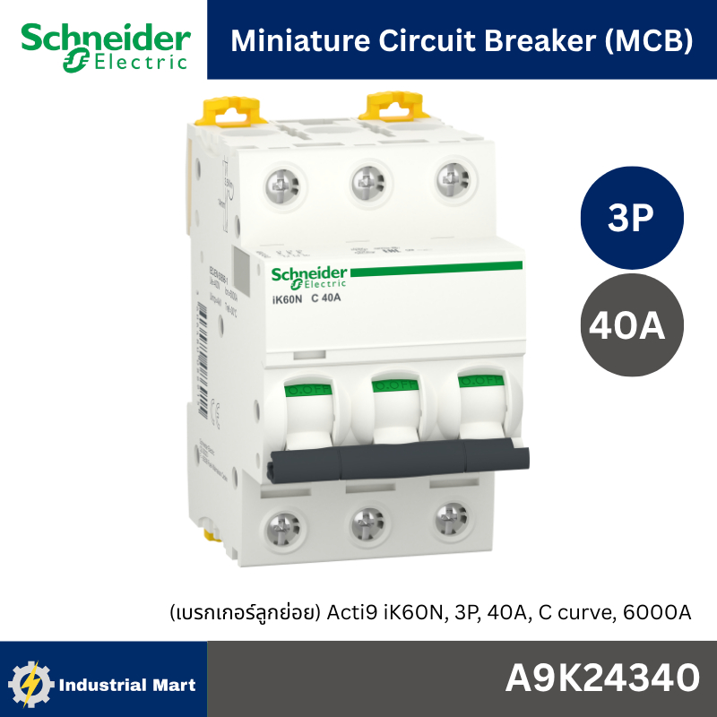 Schneider Electric A9K24340 Miniature circuit breaker, Acti9 iK60N, 3P, 40A, C curve, 6000 A, 6kA
