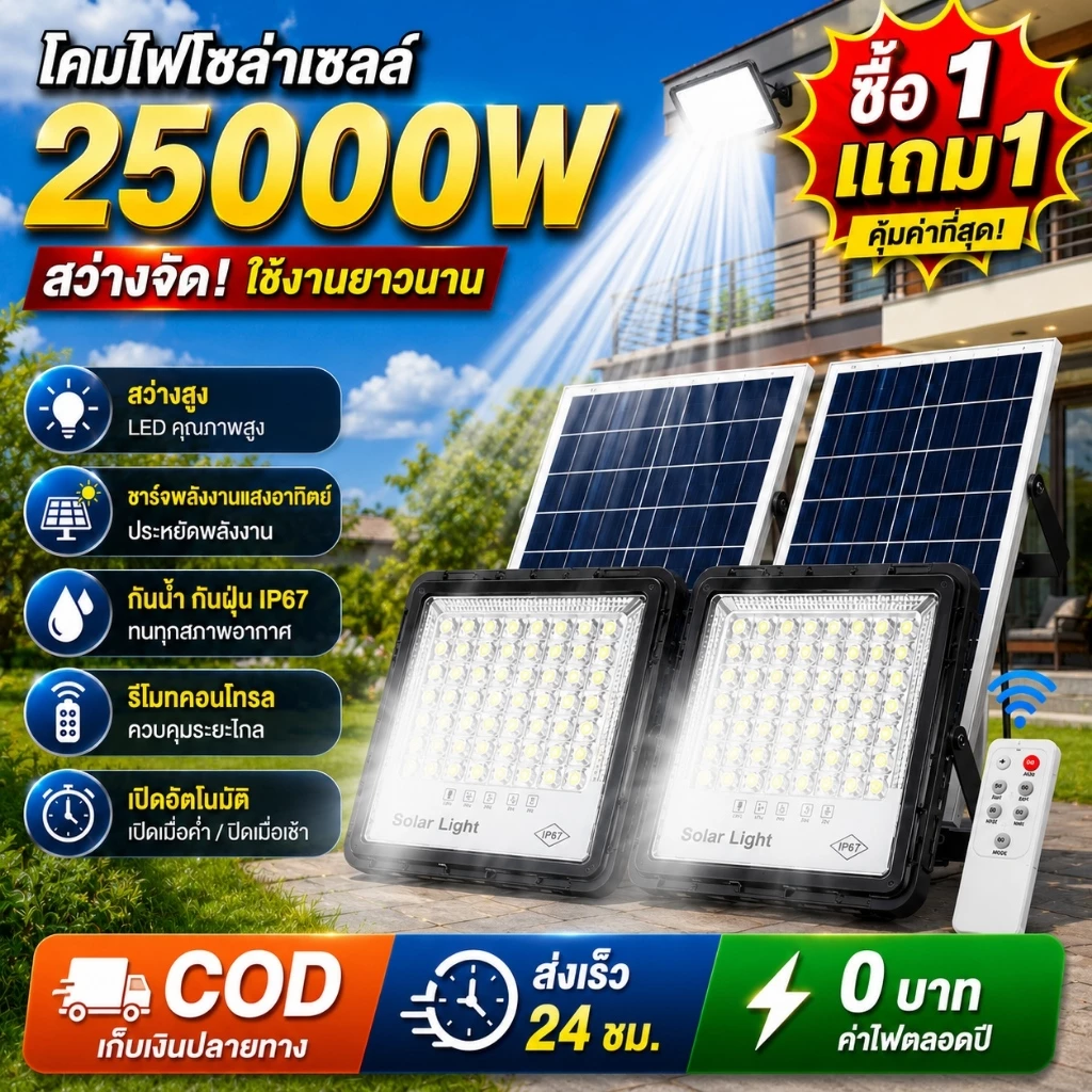 ซื้อ 1 แถม 1 ไฟโซล่าเซลล์ 10000W~25000W Solar Light แสงสีขาว สว่างอัตโนมัติเมื่อฟ้ามืด กันน้ำ LED