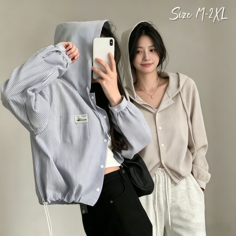 Dode.mall 99409#เสื้อฮู้ดแขนยาวลายทางสไตล์เรโทรสุดเก๋นี้ มาพร้อมดีไซน์สไตล์เกาหลี ทำให้เป็นไอเทมแฟชั่นสำหรับผู้หญิง