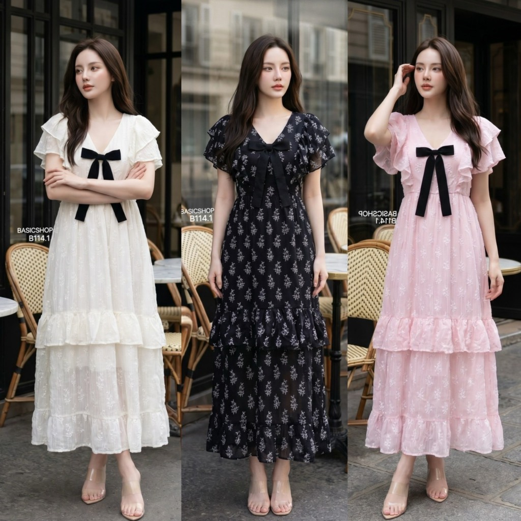 B114.1 BasicShop เดรสยาวปักลายทั้งตัว ดีเทลโบว์สีดำ
