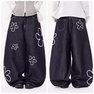กางเกงยีนส์ใบมีดโค้งผู้ชาย กางเกงยีนส์พิมพ์ลายดอกไม้ สไตล์อเมริกันย้อนยุค ทรงหลวมและใส่สบาย ออกแบบสวย มีกระเป๋า