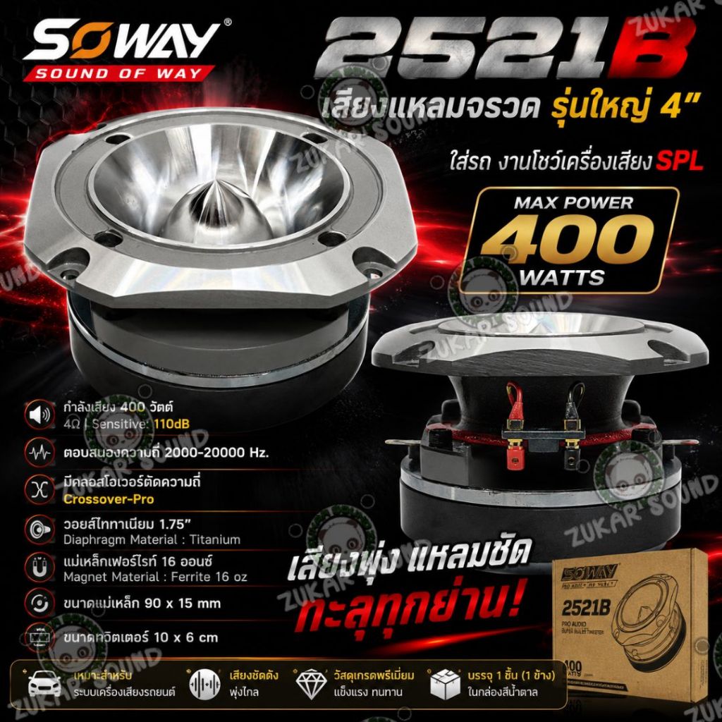 แหลมจรวดรุ่นใหญ่ 4" SOWAY 2521B พลัง 400W งานโชว์ระดับ SPL! โครงหล่อเงาวับ หัวจรวดโครเมียมสุดเท่