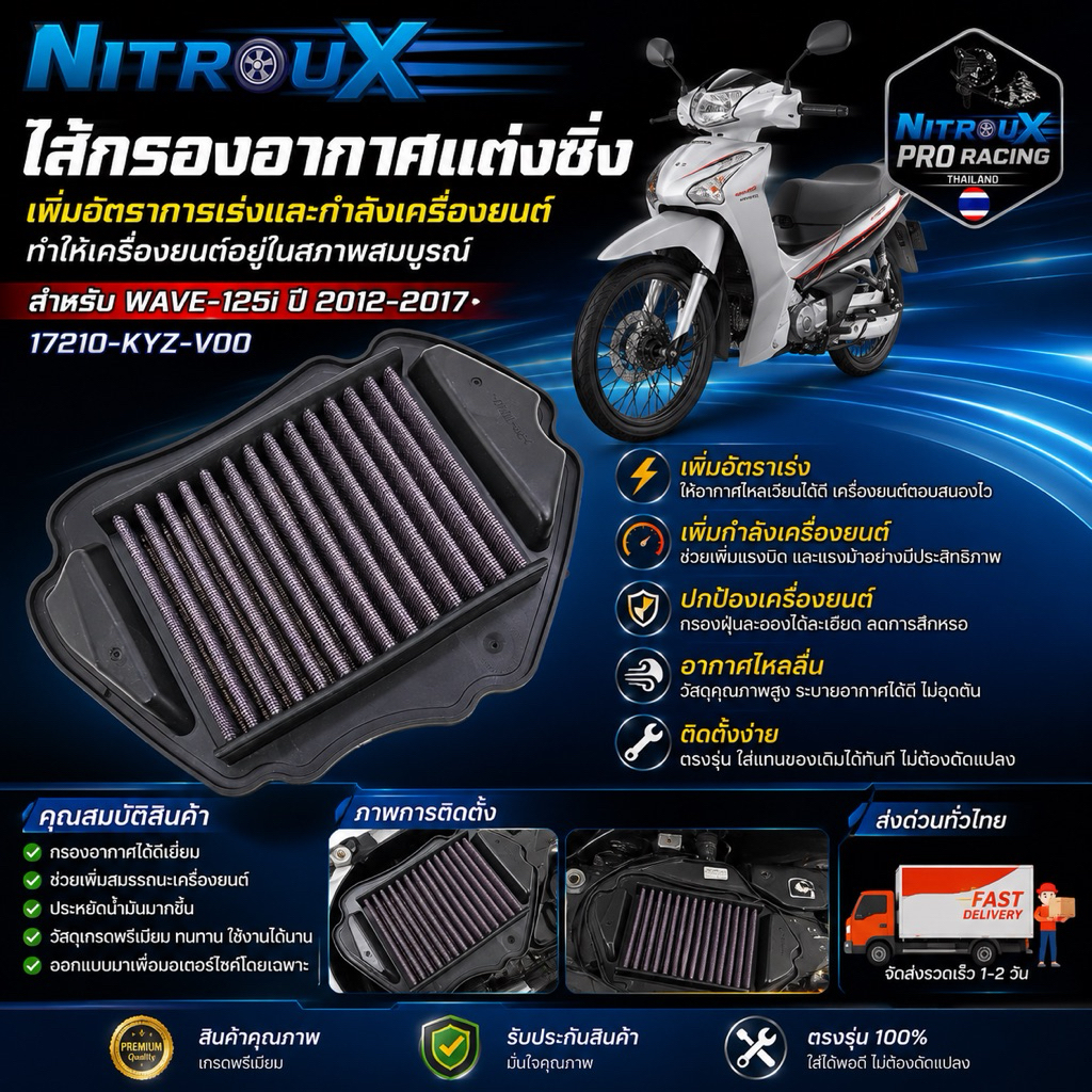 ไส้กรองอากาศแต่งซิ่ง NitrouX สำหรับ WAVE-125i ปี 2012-2017 รหัส 17210-KYZ-V00 เพิ่มอัตราเร่ง อากาศไหลลื่น
