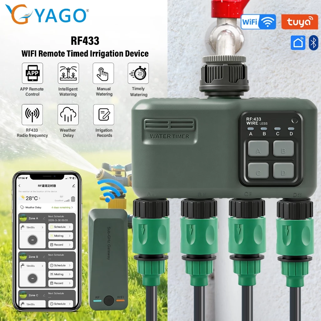 RCYAGO เครื่องตั้งเวลารดน้ำ RF433 WiFi 4 ทาง ควบคุมผ่านแอป อัตโนมัติ กันน้ำ IPX5 สำหรับสวน