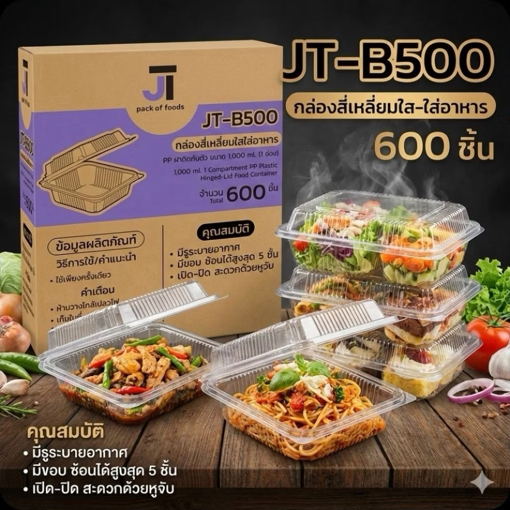 JT-B500 กล่องอาหารฝาติด PP 25 ชุด×24 แพค./600 ชุด.(ยกลัง).📦