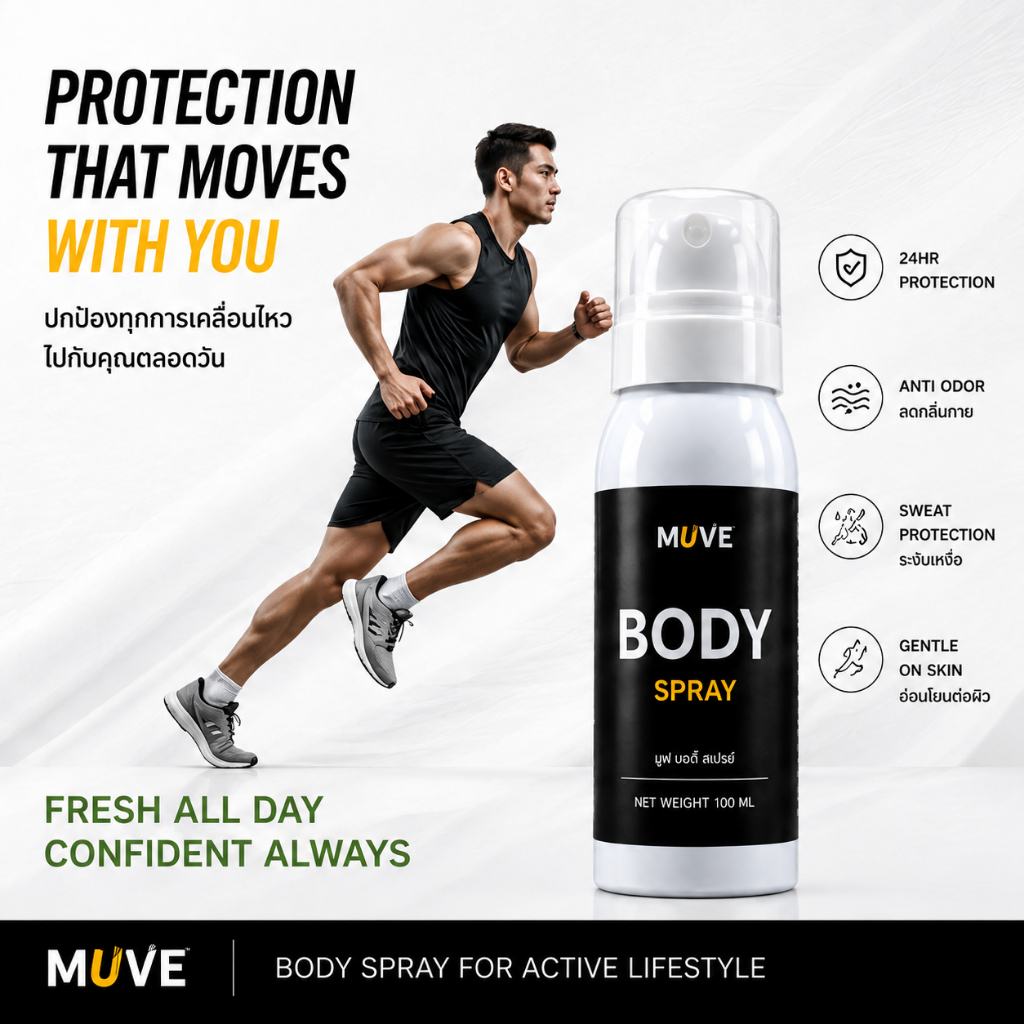 สเปรย์ระงับกลิ่นกาย สำหรับคนออกกำลังกาย ลดกลิ่นกาย ซึมซับเร็วยาวนานถึง 24 ชั่วโมง MUVE ATIV BODY SPRAY