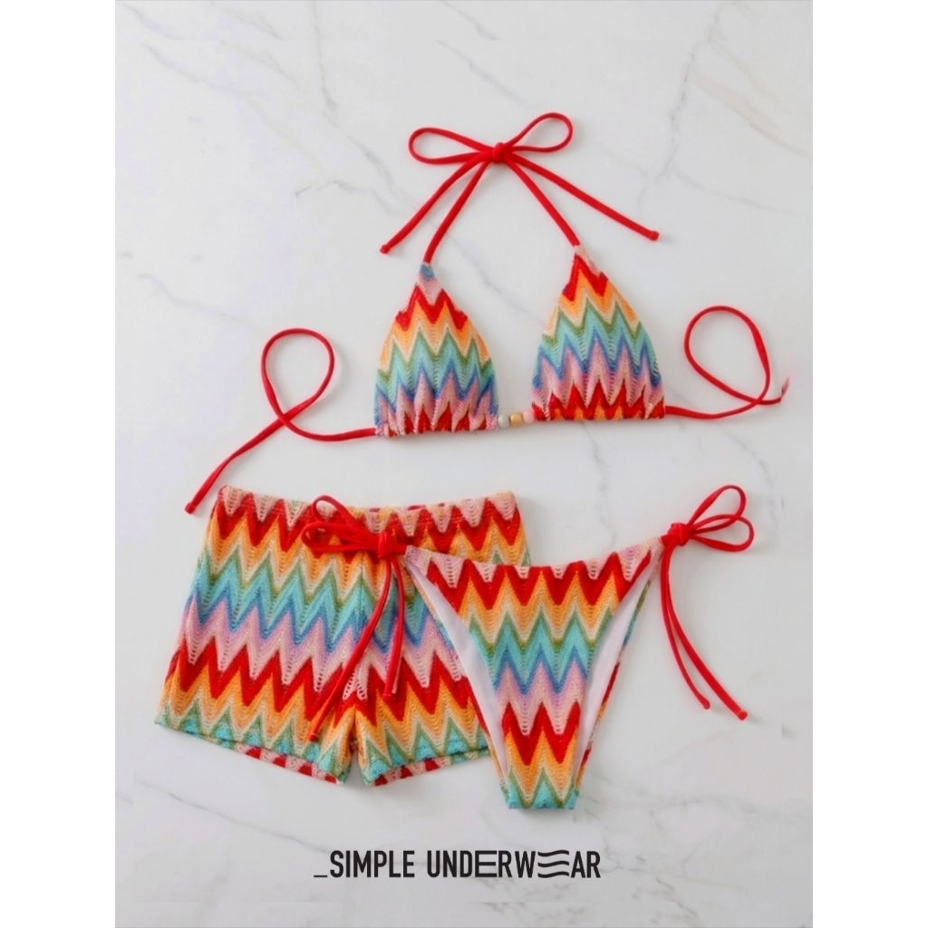 000 Simple Underwear bikini บิกินี่เซต 3 ชิ้น ลายซิกแซกหลากสี ตัดกับสายผูกสีแดงสุดจี๊ด