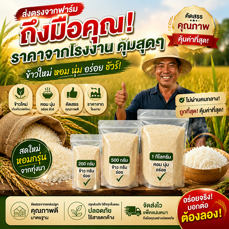 ข้าวใหม่ ราคาโรงงาน ปลอดภัย ไร้สารตกค้าง แพ็คแน่นหนา จัดส่งไว ถึงมือคุณ (200g/500g/1kg)