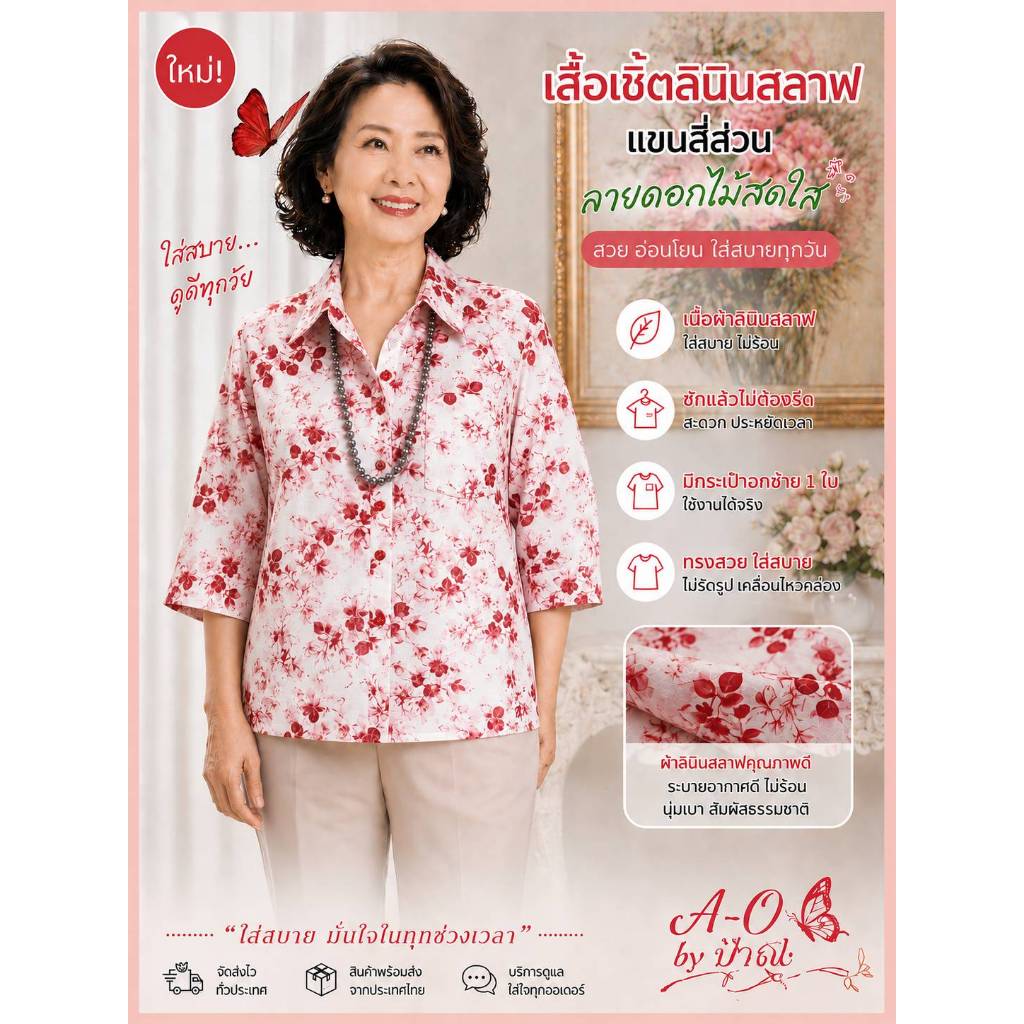 เสื้อปกเชิ้ตผ้าลินินสลาฟ,ผ้าโฟร์เวย์แขนสี่ส่วน(เลยข้อศอก)กระเป๋า1ใบ#เสื้อฟ้าวันแม่