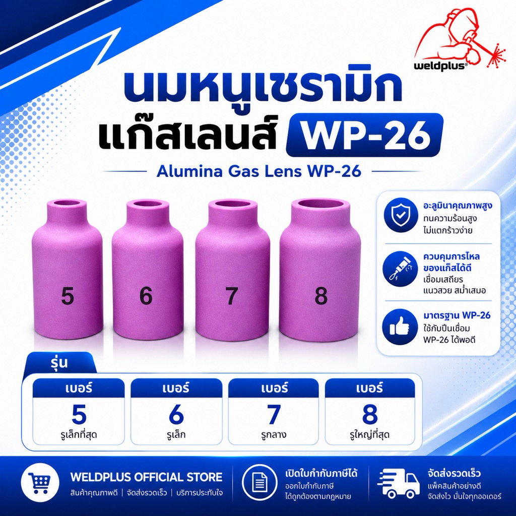 นมหนูเซรามิก แก๊สเลนส์ ถ้วยแก๊สเลนส์ WP-26 [รุ่น54N14,54N15,54N16,54N17] (1ชิ้น/แพ็ค)ยี่ห้อWeldplus