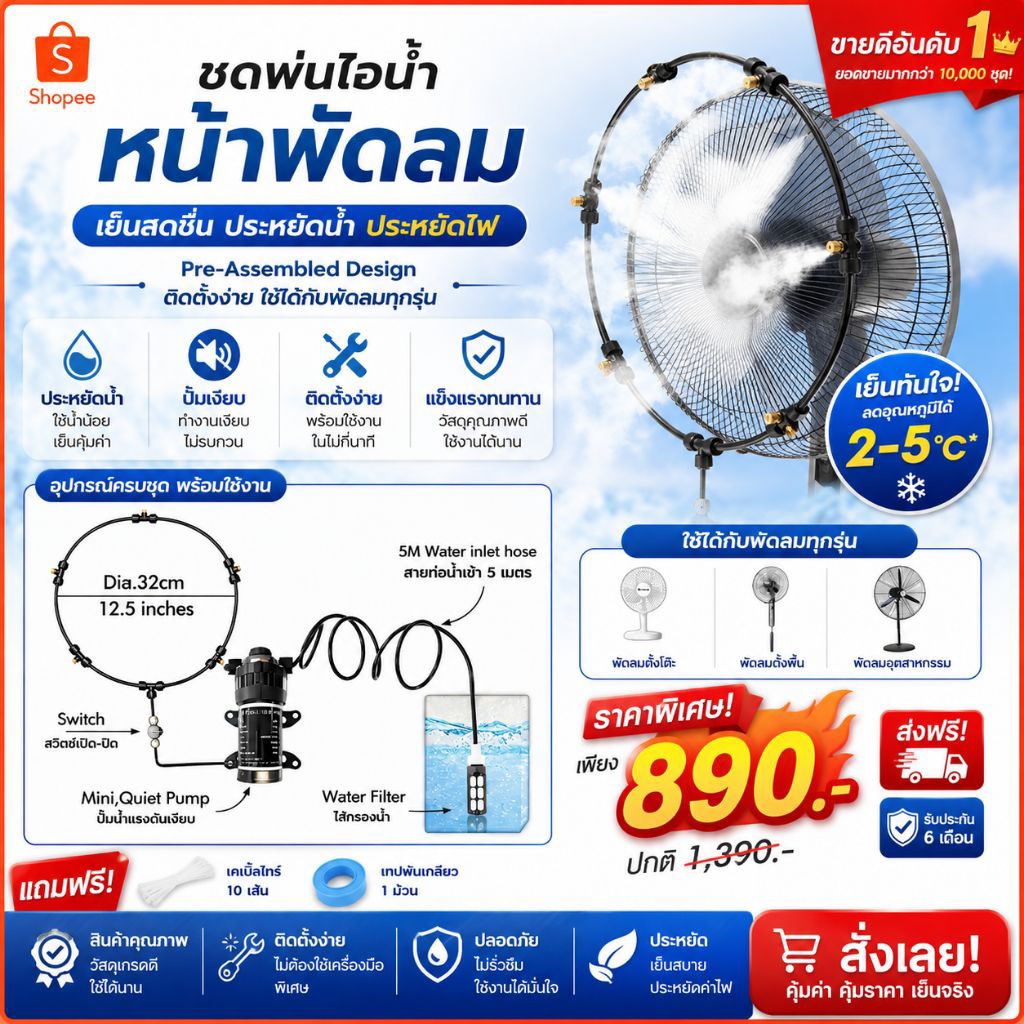 ชุดหัวพ่นหมอกติดหน้าพัดลม ชุดท่อพ่นไอน้ำติดพัดลม