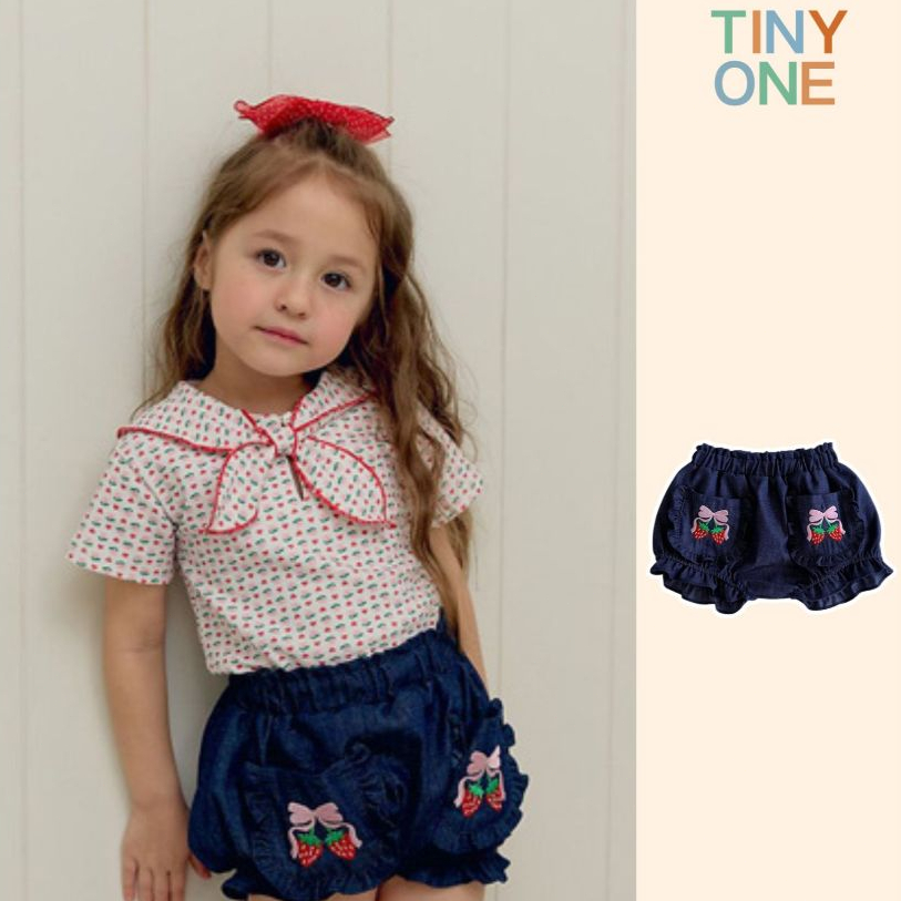 【Tiny One】Girls Korean Style Strawberry Embroidered Denim Shorts กางเกงยีนส์ขาสั้นเด็ก แต่งระบาย ปักสตรอว์เบอร์รี่ น่ารั